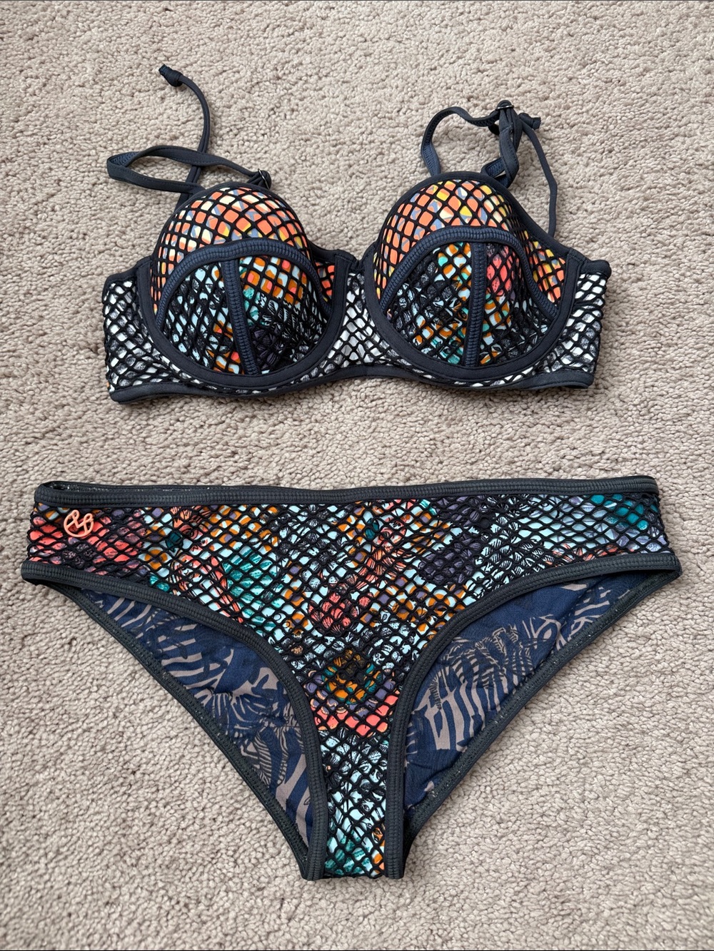 Maaji Black Mesh Bikini with Multi-Colored Underlay Size Medium